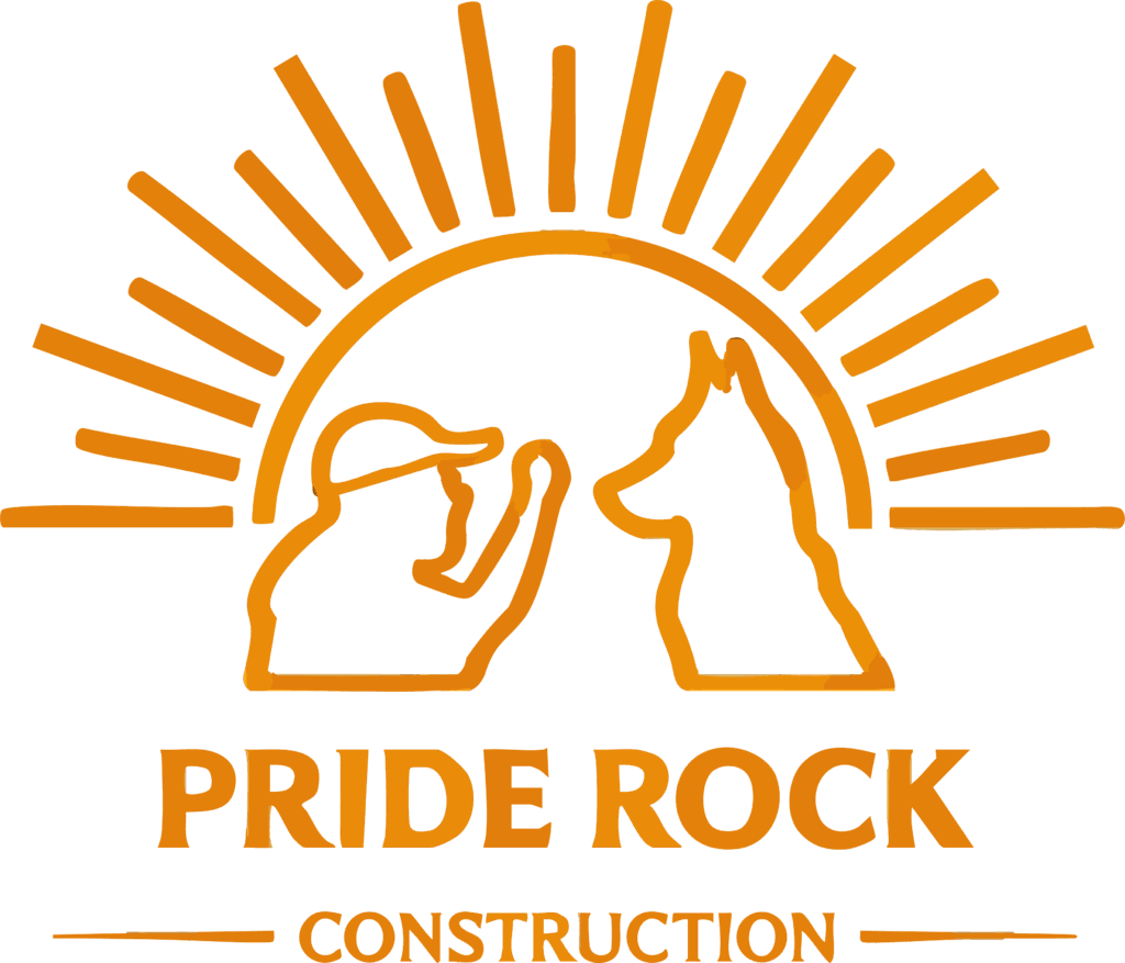 Pride Rock Construction logo with builder and dog under sunburst.
