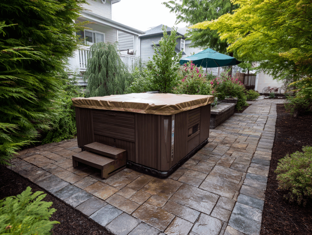 Hot tub on wet interlock patio surrounded by garden trees and privacy landscaping.