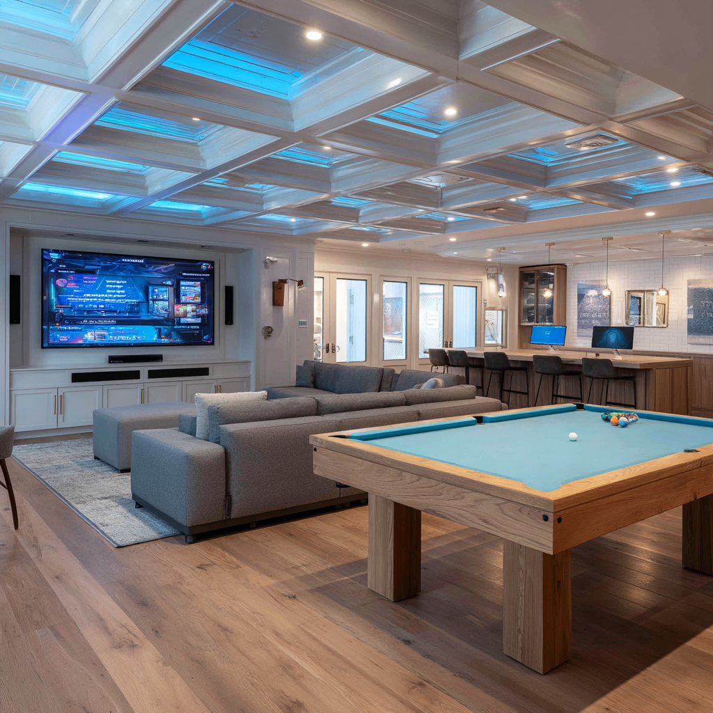 Game room in finished basement with pool table, TV wall, bar, and custom ceiling lighting.
