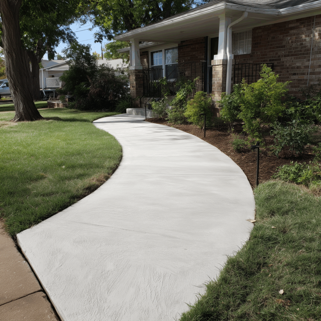 Curved concrete path through front yard landscaping leading to covered porch.