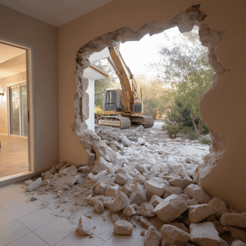 Excavator breaking through concrete wall from outside during home demolition.