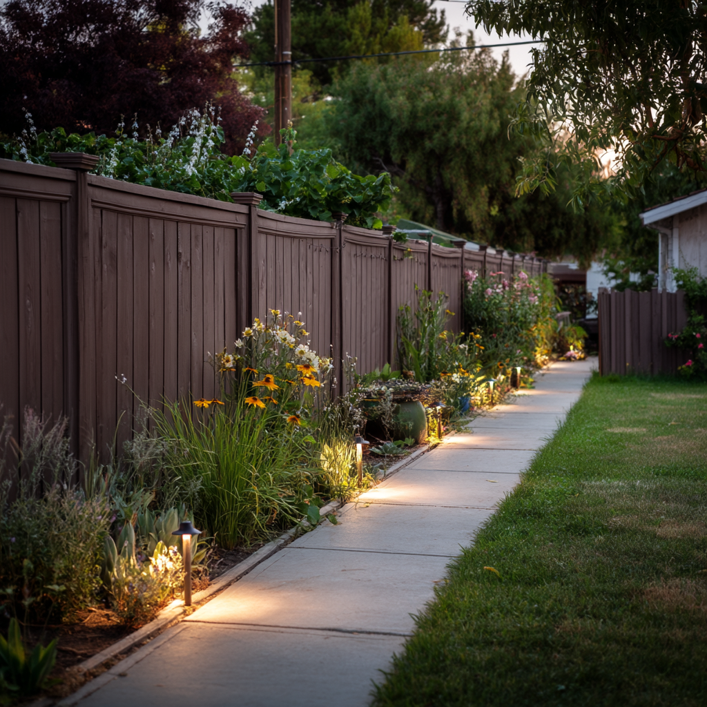 Side yard concrete pathway with garden lights and flower beds next to a brown fence.