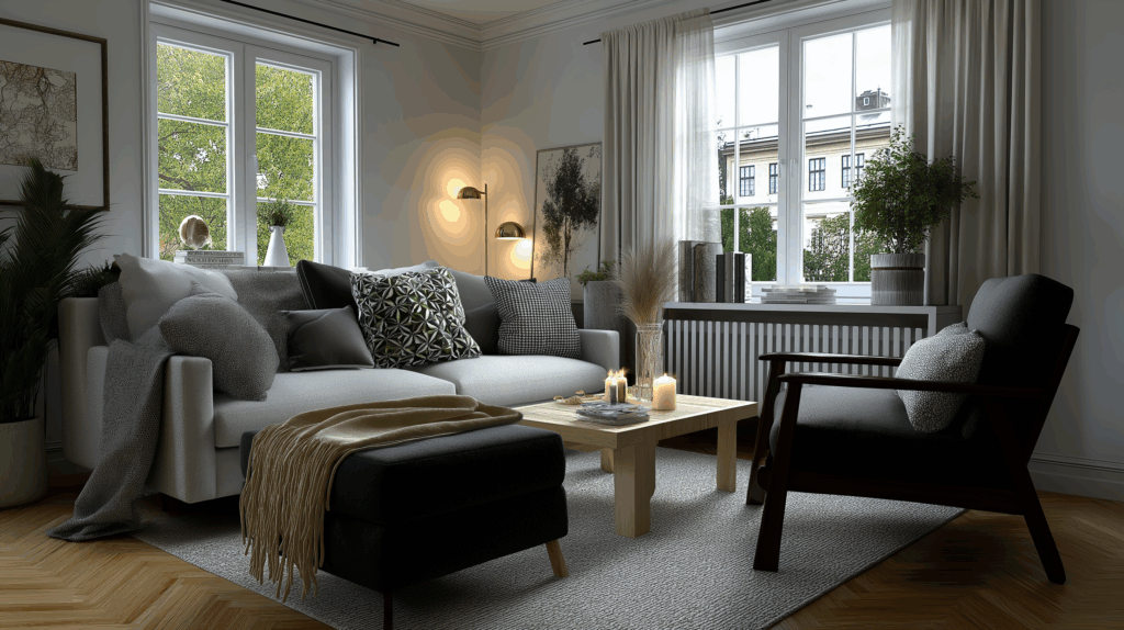 Scandinavian living room interior with grey couch, warm wood floor, and candlelit table.