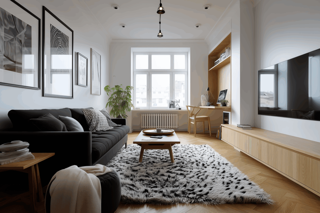 Stylish black and white living room with fuzzy rug and office nook under bright windows.