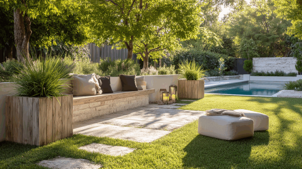 Modern outdoor seating area with stone patio and pool in landscaped backyard.