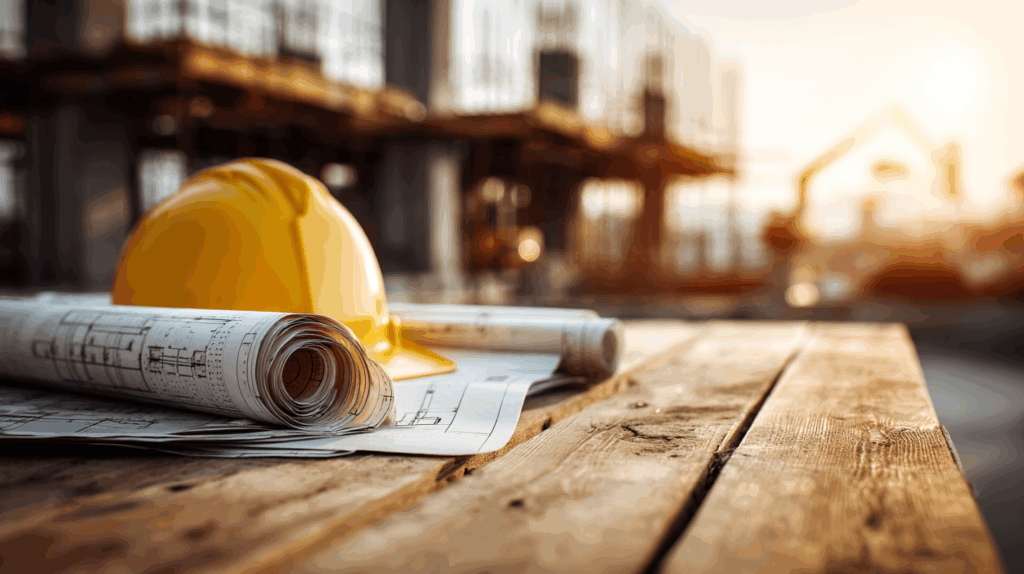 Yellow hard hat and blueprints on wood table at construction site in warm light